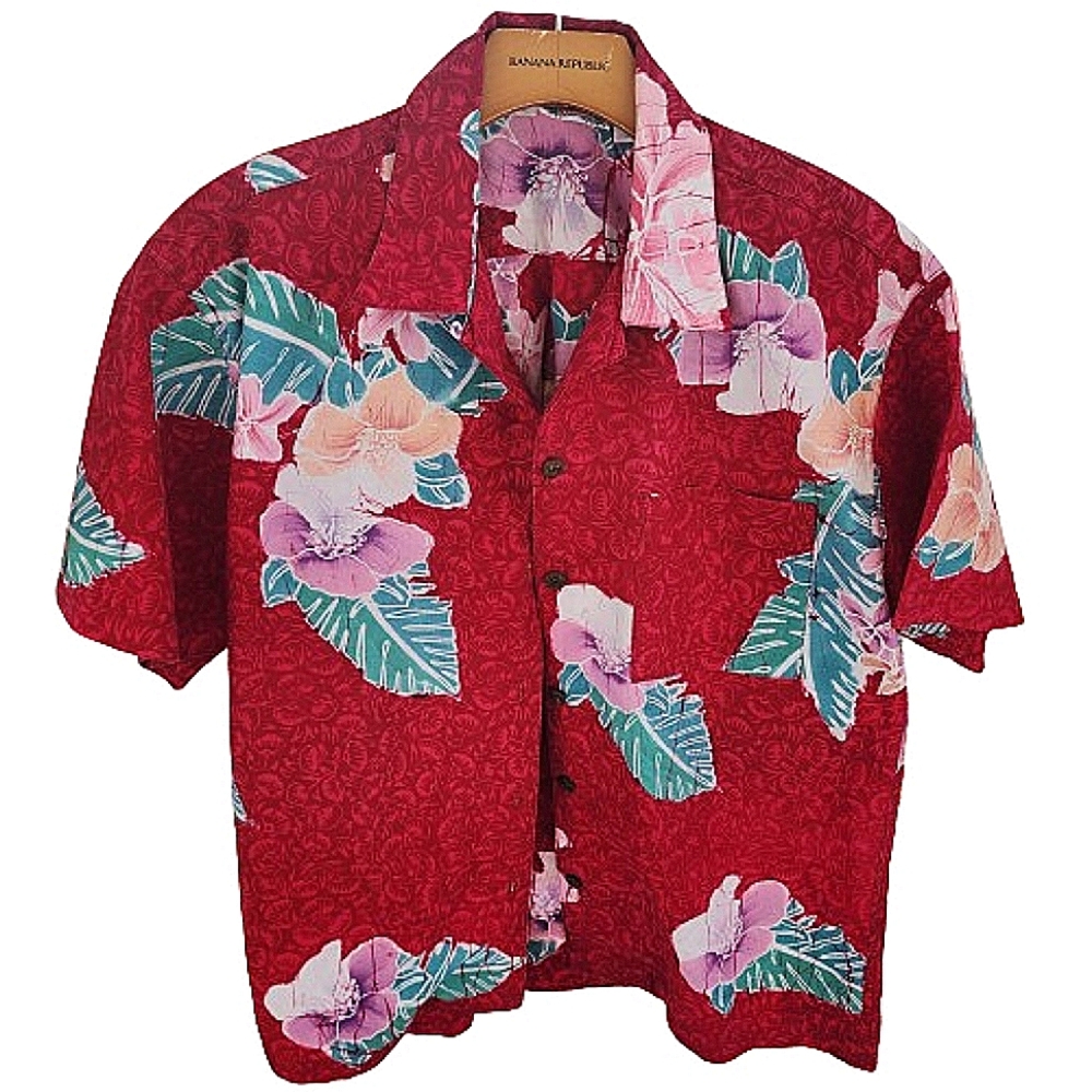 Java Cotton Red Floral Hawaiian Button Short Sleeve Vintage Bloomcore Shirt ♥️